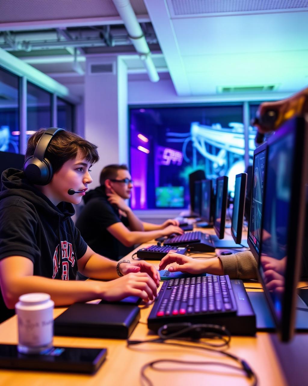 Students training on gaming PCs in the esports lab