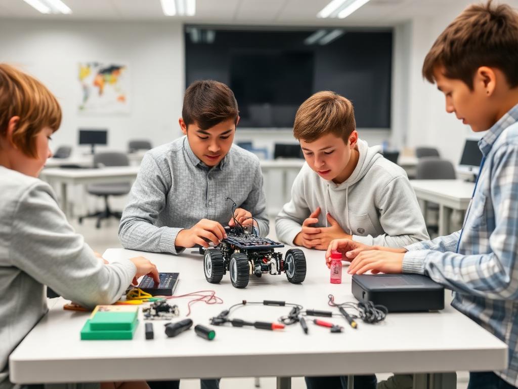 Students building a robot together in a workshop