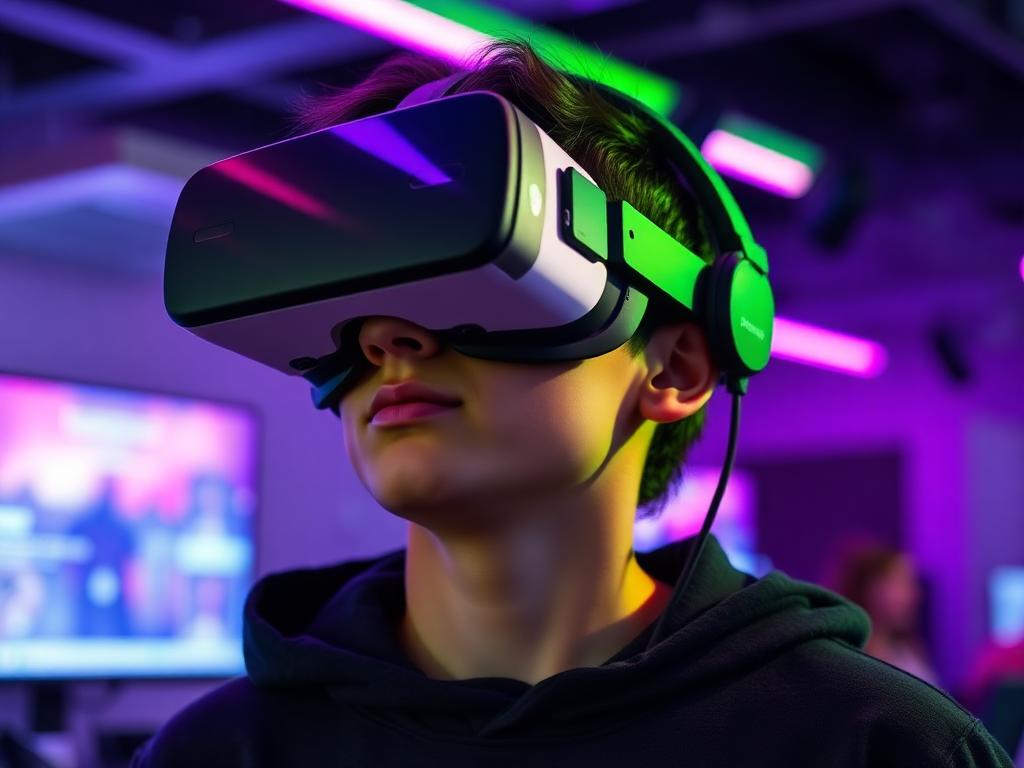 A student exploring a game in a VR headset at the lab